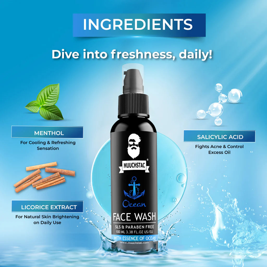 Muuchstac Ocean Face Wash for Men | Fight Acne & Pimples, Brighten Skin, Clears Dirt, Oil Control, Refreshing Feel - Multi-Action Formula | 100 ml | Pack of 2