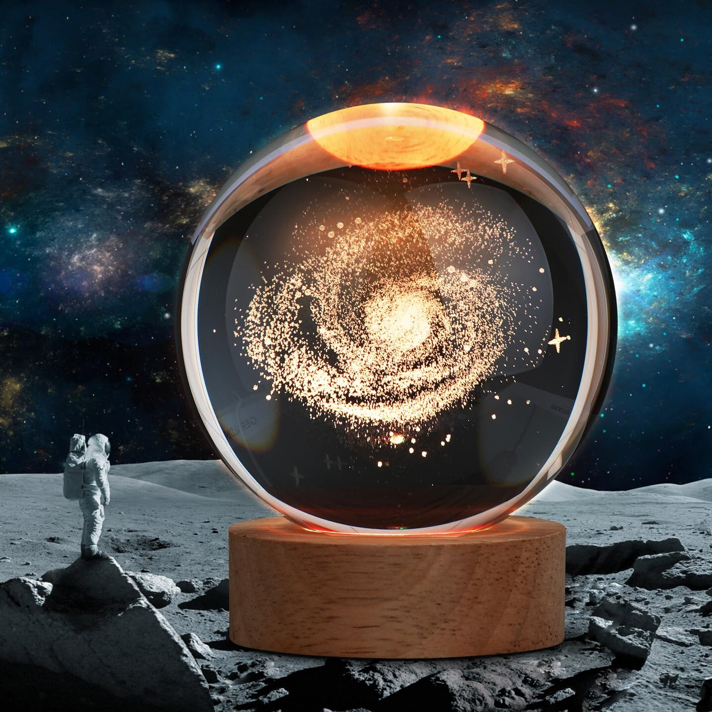 NAIRO 3D Galaxy Crystal Ball Lamp with Light Changing Wooden Base - 2.36 Inch Solar System Night Light, 3D Crystal Ball, Galaxy Lamp Ball, Galaxy Crystal Ball Light Lamp