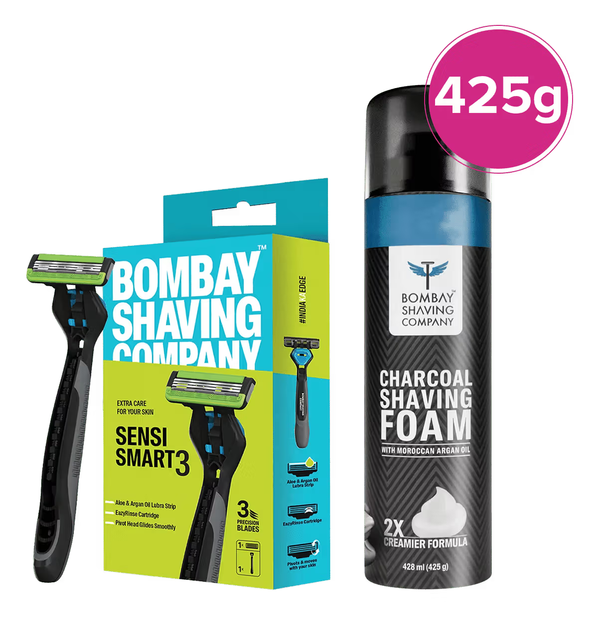 Bombay Shaving Company Sensi Smart 3 Razor and Charcoal Shaving Foam Combo | 3 Blades Shaving Razor For Men | Charcoal Shaving Foam, 50g