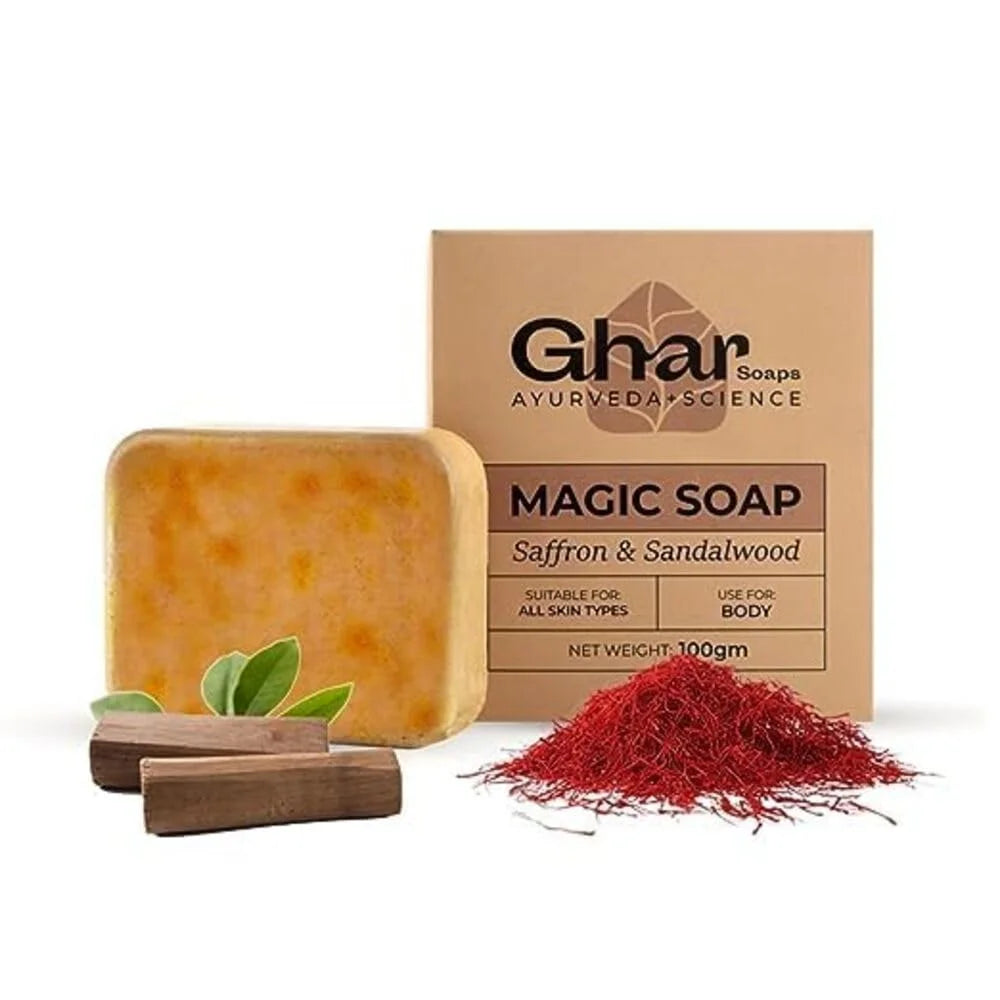 GHAR SOAPS Magic Soap Sandal Wood And Saffron Bath Soap For Glowing Brightening And Refreshing Skin Natural & Paraben Free| Deeply clean pores and remove dirt and grime (Pack of 1 (100 gm))